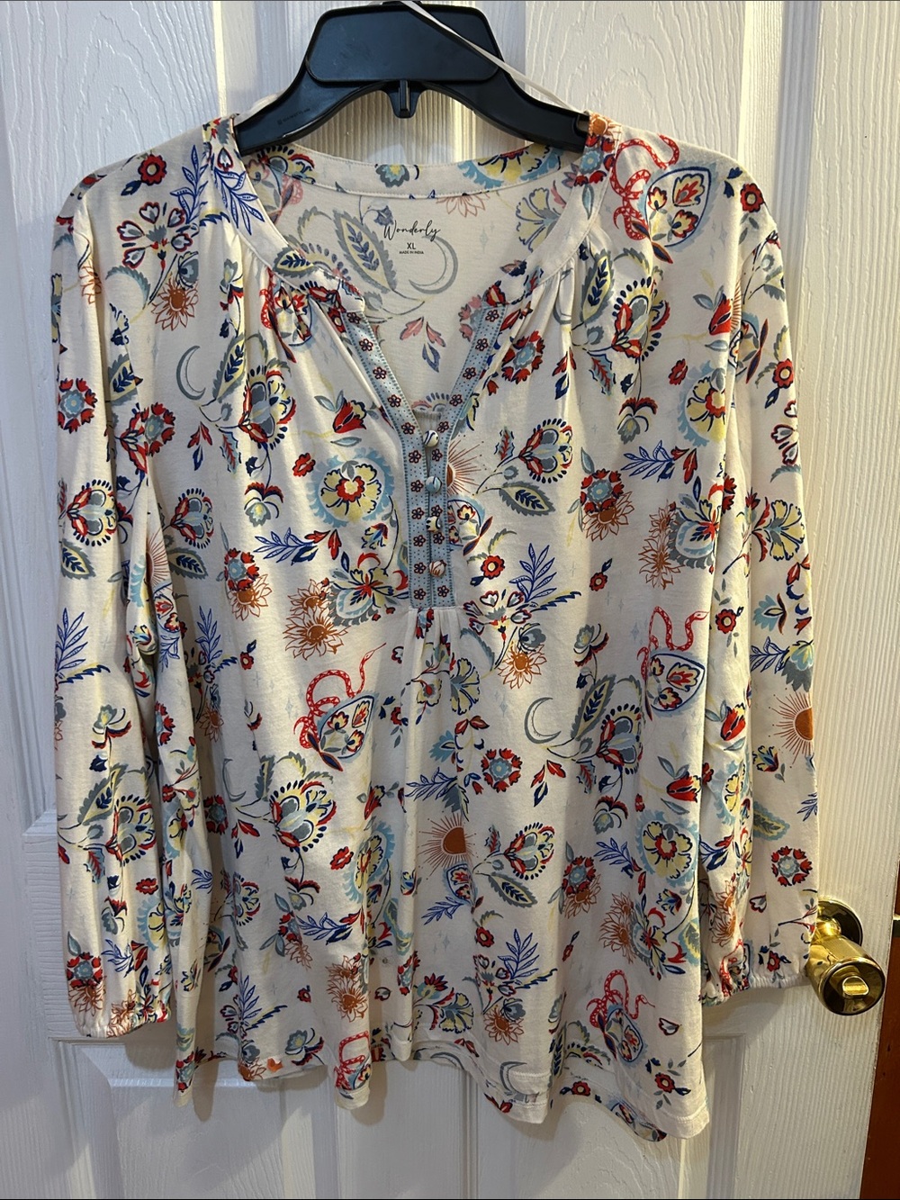 Wonderly Cream Floral Paisley Henley Tunic with Red & Blue Accents